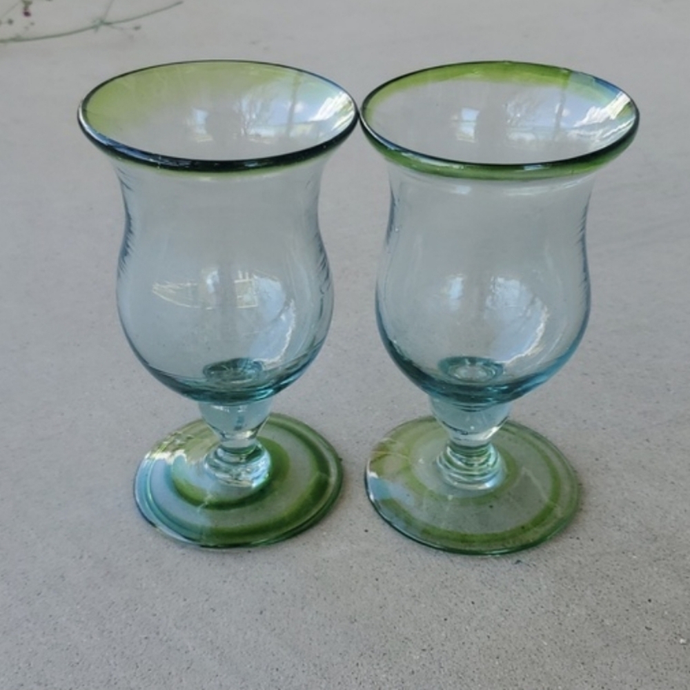 Hand Blown Mexican Glass Goblets Emerald Green Rim Bolero Set of 2 VTG Jalisco - Picture 5 of 5